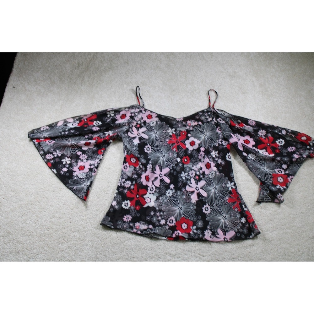 Floral Off Shoulder Blouse Womens M Sheer Black Red Pink Bell Sleeve Boho Top